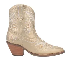 Dingo Womens Primrose Floral Embroidered Metallic Pull On Snip Toe  Casual Boots Ankle Mid Heel 2-3" - Gold