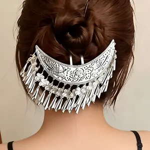 Miao Ethnic Style Silver Crescent Hair Pin - Sparkling, Light & Agile Decorated Dainty Silver Hair Accessory for Spring Cosplay, Cheongsam Hanfu Use, Silver Hair Pins, Dainty Hair Pins