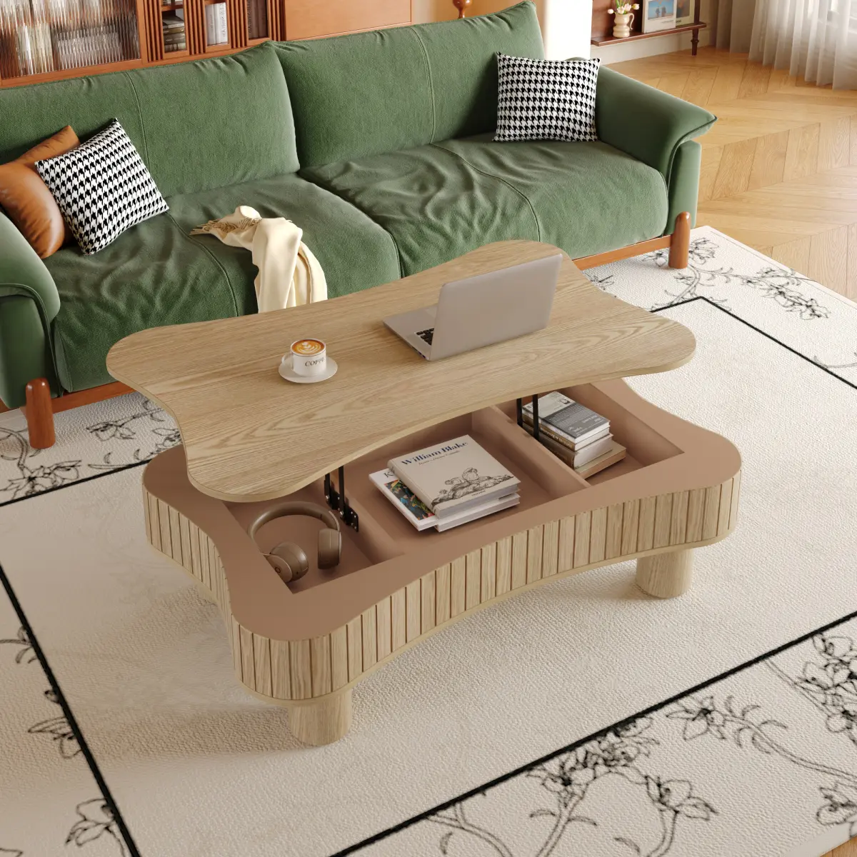 Lift Top Coffee Table & Blush Pink LED Nightstand Bookshelf for Living Room, 42x27 in, Fluted Sides, Hidden Storage, Silent Hydraulic Lift, Curved Edges, Pre-Drilled Legs, 5 Min Tool-Free Assembly, Natural Wood, Rustic Charm summerwins