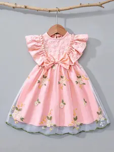 Girls' Summer Short Sleeve Dress, & Options, Round Neck with Ruffle Sleeves, Bow, Lace Skirt with Floral Embroidery