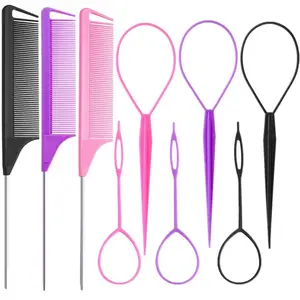 9PCS Hair Braiding & Styling Kit – Topsy Tail Tools, 6 French Braiding Tools & 3 Metal Rat Tail Combs (Multicolor)