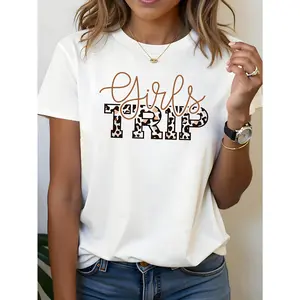 Saiz Besar - Saiz Besar - Baju-T Saiz Besar, Cetakan Corak Leopard Huruf, Baju-T Lengan Pendek Leher Bulat Bercetak Warna Putih - Boleh Dibasuh Mesin, Sesuai untuk Musim Bunga, Musim Panas dan Musim Luruh, Gaya Kasual, Padanan Selesa, Reka Bentuk Bergaya