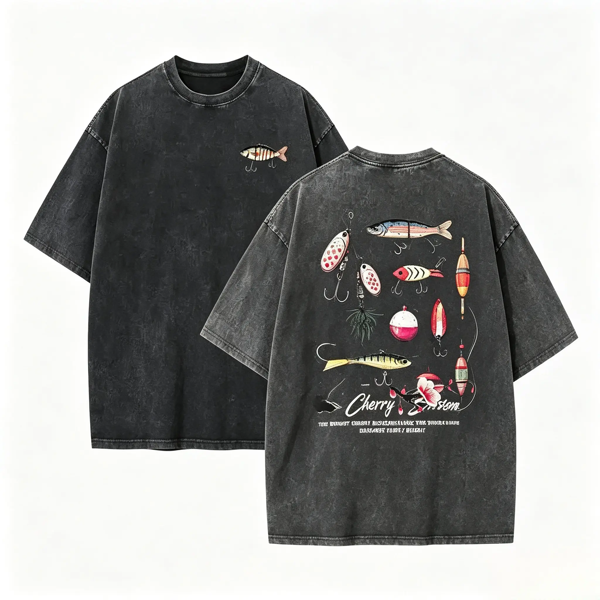 Unisex Washed Cotton Fabric T-Shirt - 230GSM Heavyweight, Casual Classic Retro Streetwear Top with Fish Bait Graphic, Loose Fit Short Sleeve Round Hem, Breathable, Customizable for Pairing with Jeans