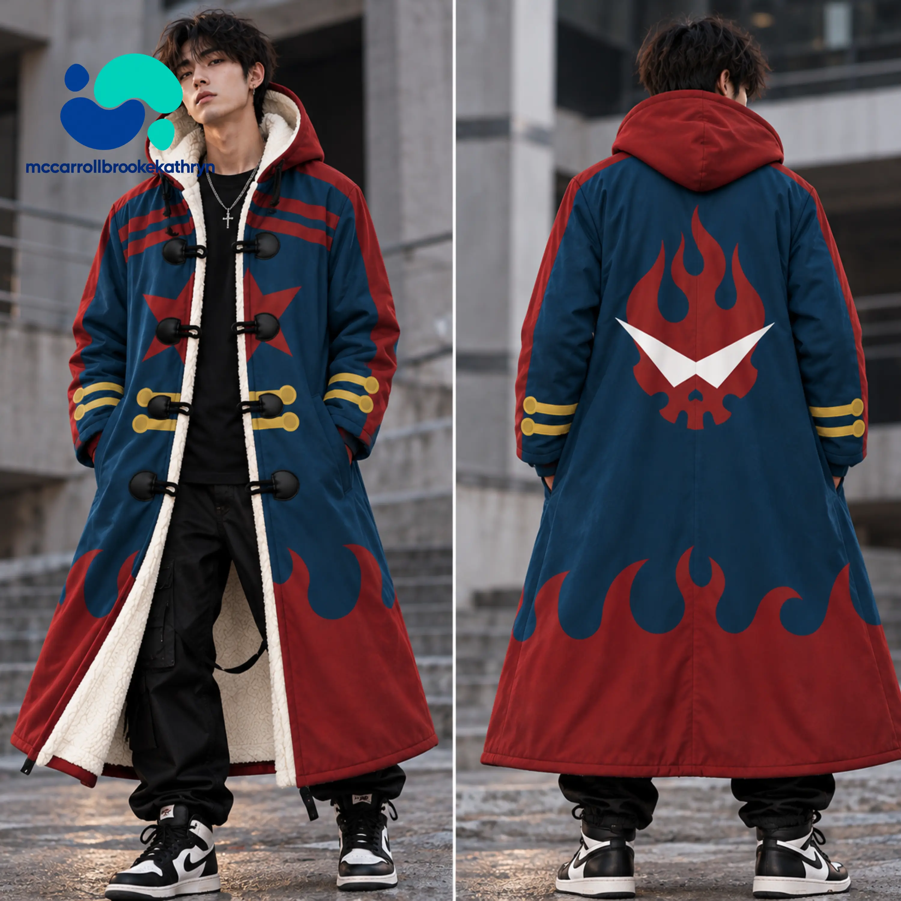 Men's Gurren Lagann Inspired Long Hooded Trench Coat, Blue Red Flame Graphic Cloak with Soft Fleece Lining, Unisex Anime Cosplay Jacket, Toggle Button Closure, Oversized Streetwear Winter Coat, Halloween Outfit