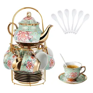 Vintage European Floral Ceramic Tea Set - 700ML Large Teapot, 20 Cups and Saucers with Flower Painting, Metal Stand - Home Kitchen Drinkware for Women’s Tea Parties