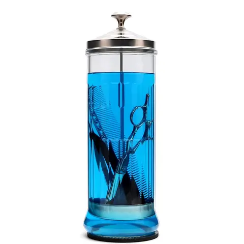 50 fl oz Carved Glass Disinfectant Jar for Barber & Esthetician - Stainless Steel Cover, Retrieval Basket, Anti-Slip Base, Corrosion-Res. Irregular Surface, Sponge Pad (11.7"x3.8") Steady on Tables, Glass Jar & Steel Lid Resist Wear Sohochic