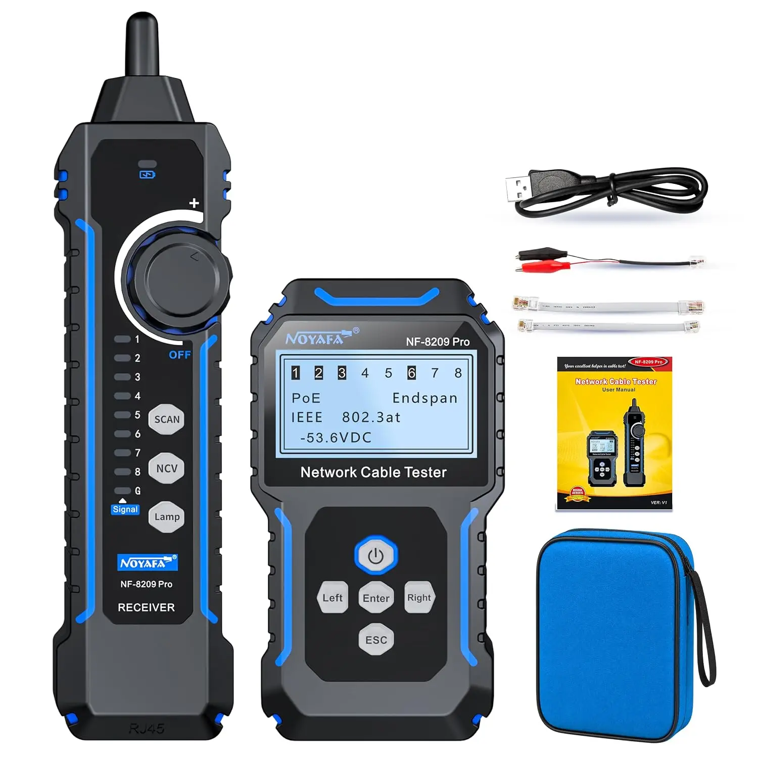 NOYAFA NF-8209PRO Network Cable Tester, PoE Wire Tracker with Length & NCV Rechargeable Wire Tracer with Cable Mapping, Breakpoint Locator, Port Flash, Crimp Test, for CAT5/CAT6//RJ45/RJ11 Cables