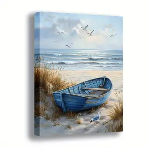 1-Piece Decorative 2D Flat Solid Wood Frame Rectangle Ocean-Inspired Hanging Decor, Modern Beach Scene High-Quality Print, Blue Boat & Seagull Design, Coastal Home Office Wall Art
