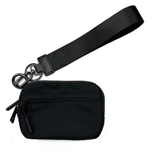 Black Nylon Wristlet Pouch, Waterproof Mini Zipper Wallet with Keychain, Portable Card Holder for Women