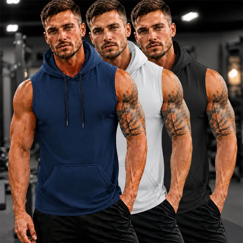 3-pack men’s sleeveless pullover hooded athletic vest with drawstring kangaroo pocket, quick-dry slim muscle fit fitness hoodie tank top, gym training streetwear for summer wear