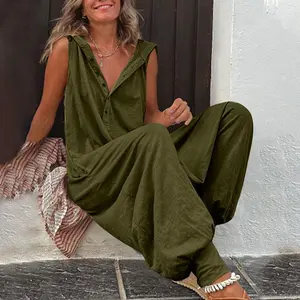 2025 Women's Casual Fashion Buttoned Hooded Sleeveless Pants Jumpsuit