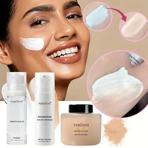 Veronni Complete Base Makeup Set Primer Color Changing Liquid Foundation & Setting Loose Powder Three Piece Set for Beginners Natural Translucent Finish - Cosmetic