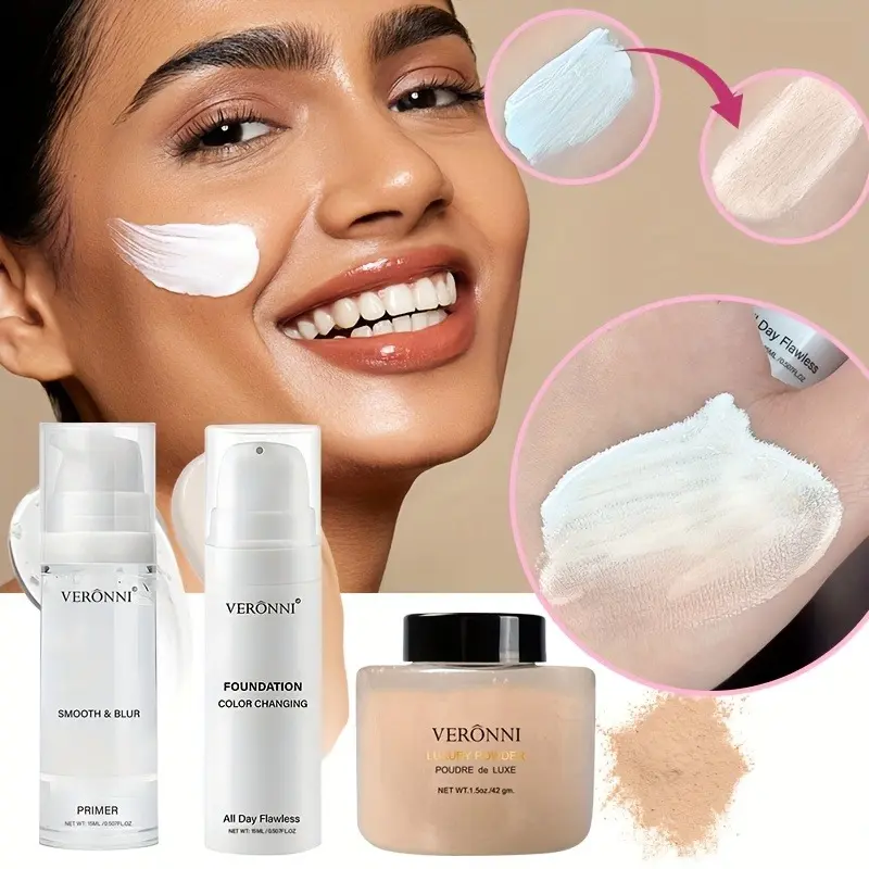 Veronni Complete Base Makeup Set Primer Color Changing Liquid Foundation & Setting Loose Powder Three Piece Set for Beginners Natural Translucent Finish - Cosmetic