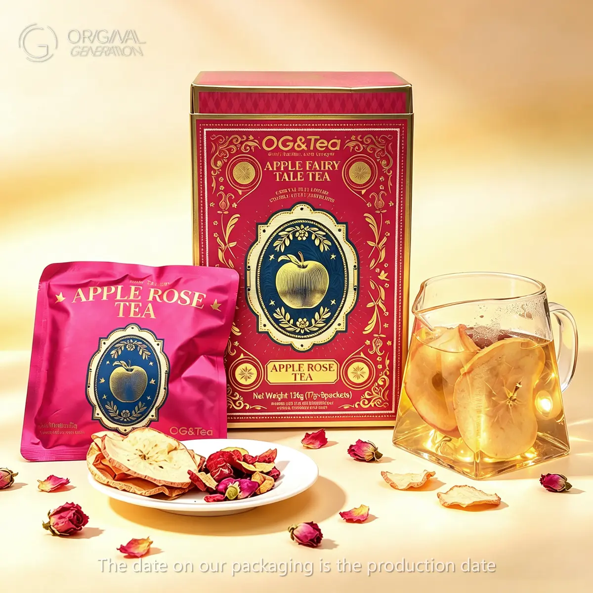 Apple Fairytale Tea 136g 17g×8pcs Caffeine Free 1 pack make 100oz tea With apple slices , jujube, hawthorn, wolfberry, rose, longan
