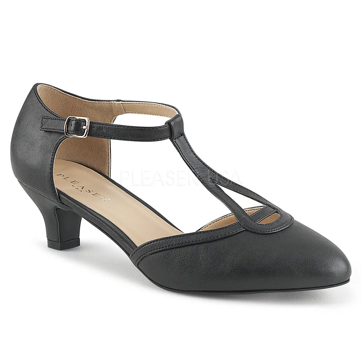 Women's Black PU Kitten Heel Sandals - Vintage T-Strap Design with Ankle Buckle, 2-Inch Heel, Extended Sizes 9-16 Footwear, Black Heels