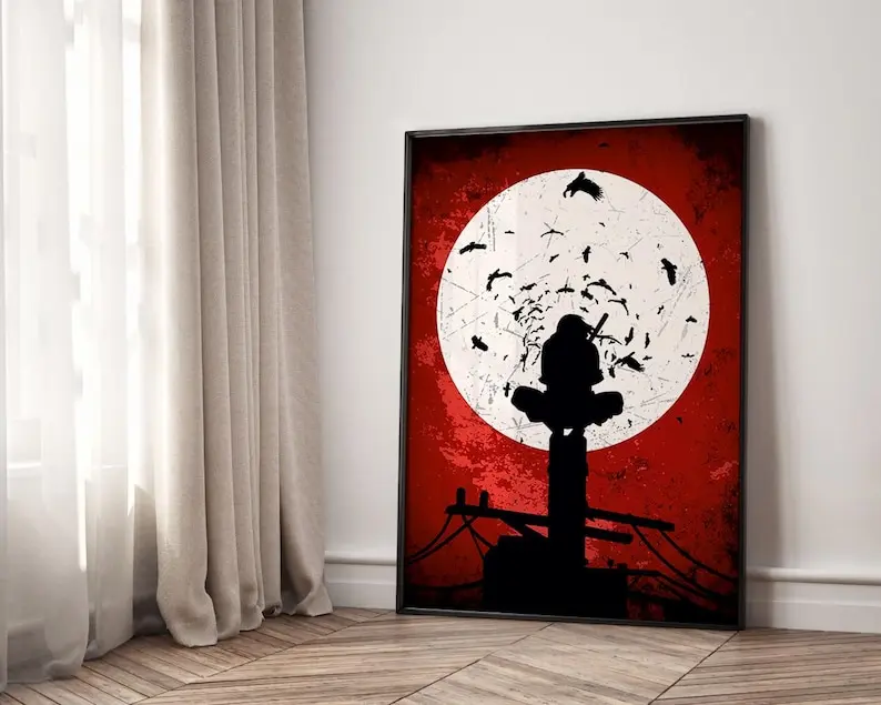 Itachi Uchiha Poster, Red Moon Raven Wall Art Print, Minimalist Silhouette Decor, Japanese Style Room Decor, Dark Aesthetic Gift [UNFRAMED]