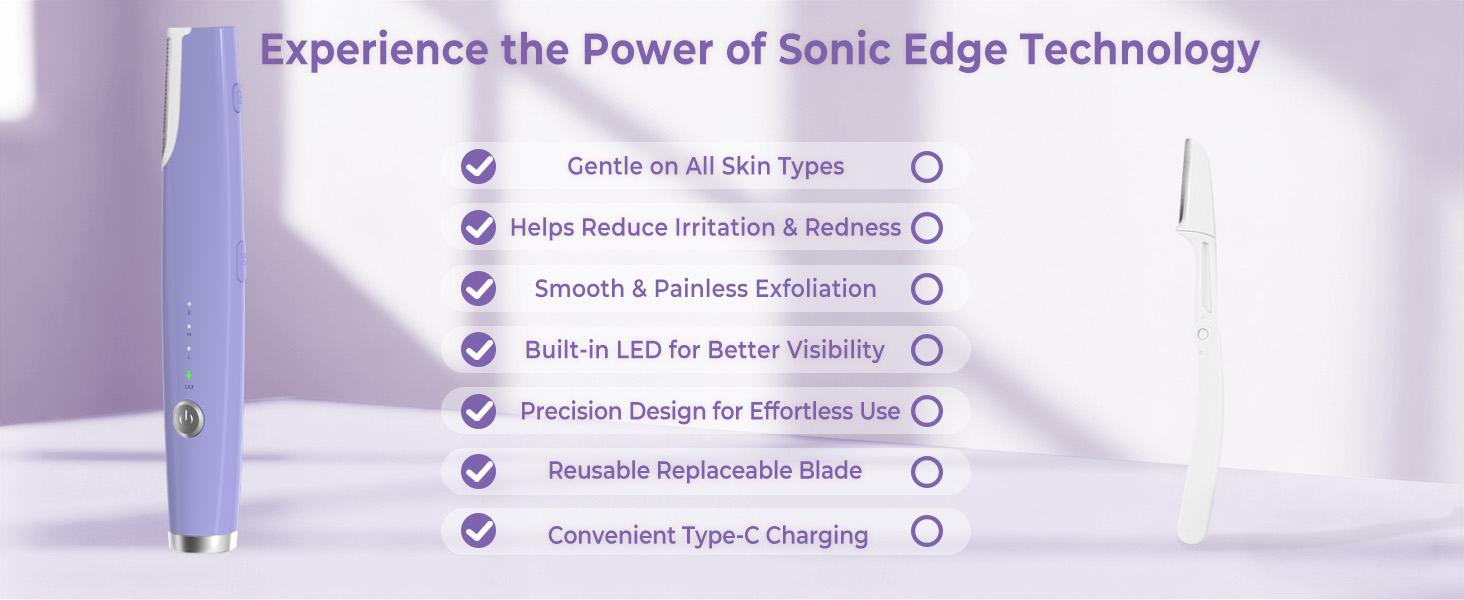 Purple Sonic Dermaplaning Tool for Women, 3-Speed Facial Hair Remover with LED Light, Rechargeable Face Shaver for Peach Fuzz Removal & Gentle Exfoliation, Portable Skincare Tool with Replaceable Blades