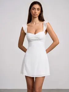 [NEW] Azazie Landon Ruffle Strap Lace-Up Back Gathered Bust White Mini Dress