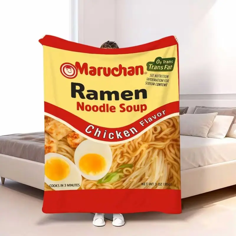 1 pc fun instant noodle packaging flannel blanket, all-over print featuring Maruchan chicken flavor instant noodles elements, quirky American snack style. Soft, warm nap blanket—suitable for sofa, bed, office, shawl, camping, and travel; a versatile gift