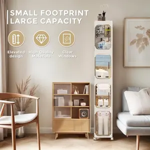 4-Tier Tall Narrow Storage Cabinet, Plastic Slim Storage Organizer with Doors and Adjustable Shelves, Wheels, Stackable & Collapsible Storage Cabinet for Small Spaces, Bathroom, Kitchen