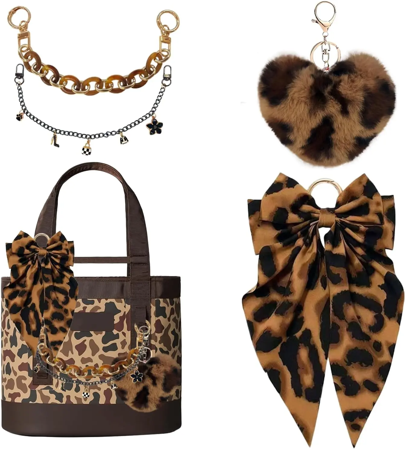 Women's Leopard Print Synthetic Decorative Bag Charm Kit - 4.8in Tall Silk/Satin Bow, Fluffy Ball, Layered Chain Sets, 7.08in Wide Cute Acrylic Keyring, Twillies for Tote Bags, Pink Afternoon Tea Accessory