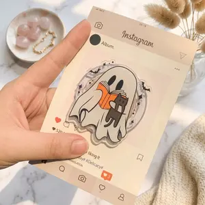 Ghost & Cat MagSafe Grip, Bookish Phone Holder, Spooky Cute PopSocket for Readers, Halloween Kitten Kindle Magnetic Stand Gift