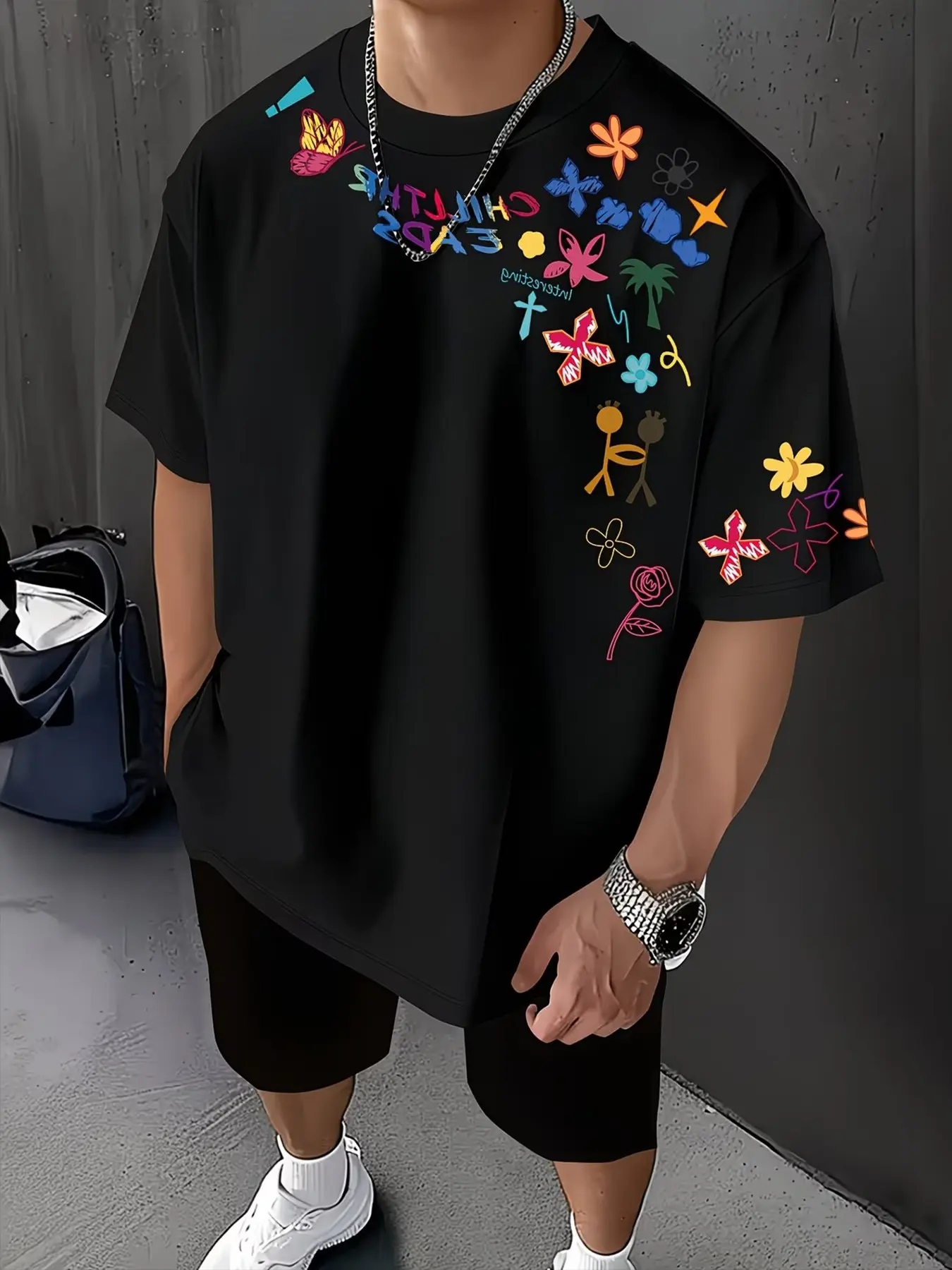 Graffiti Style Colorful Print T-Shirt, Fun Hand-Drawn Graffiti, Summer Energy, Casual Long Sleeve Tee for Daily Wear, Skateboarding, Music Festivals