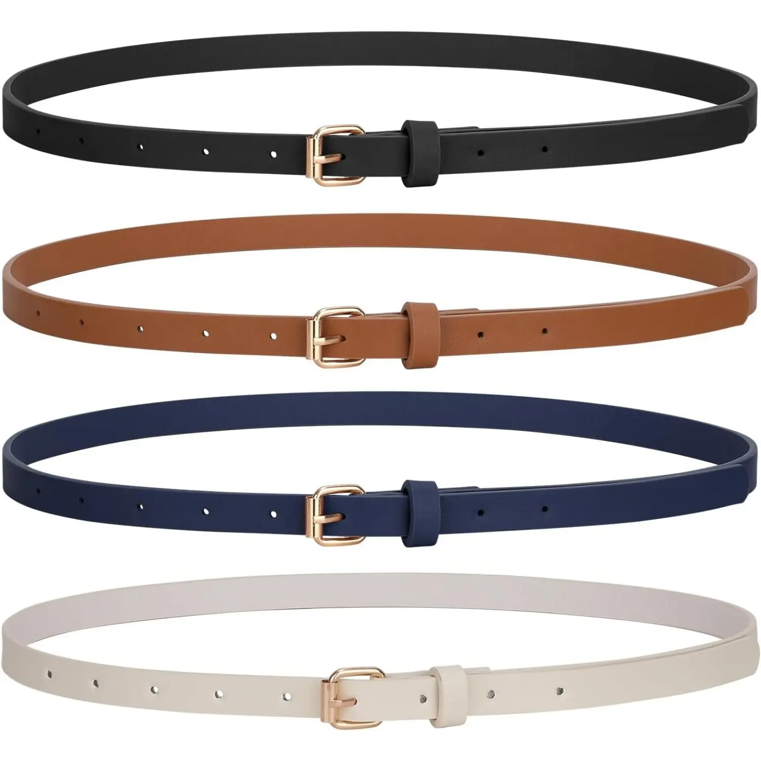 Women's Synthetic 4-Pack Skinny Leather Belts with Gold Buckle, Formal Casual Waistband (Fit Waist 26"-31") for Dresses, Jeans - Home Improvement, Building Supplies, Wallpaper & Wall Trim (A-Black+Brown+Navy Blue+Beige)