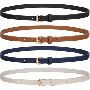 4 Pack Skinny Women's Leather Belts for Dresses Thin Waist Belt for Jeans Trousers with Gold Buckle (Fit waist size 26"-31") Black+Brown+Blue+Beige- Home Improvement.