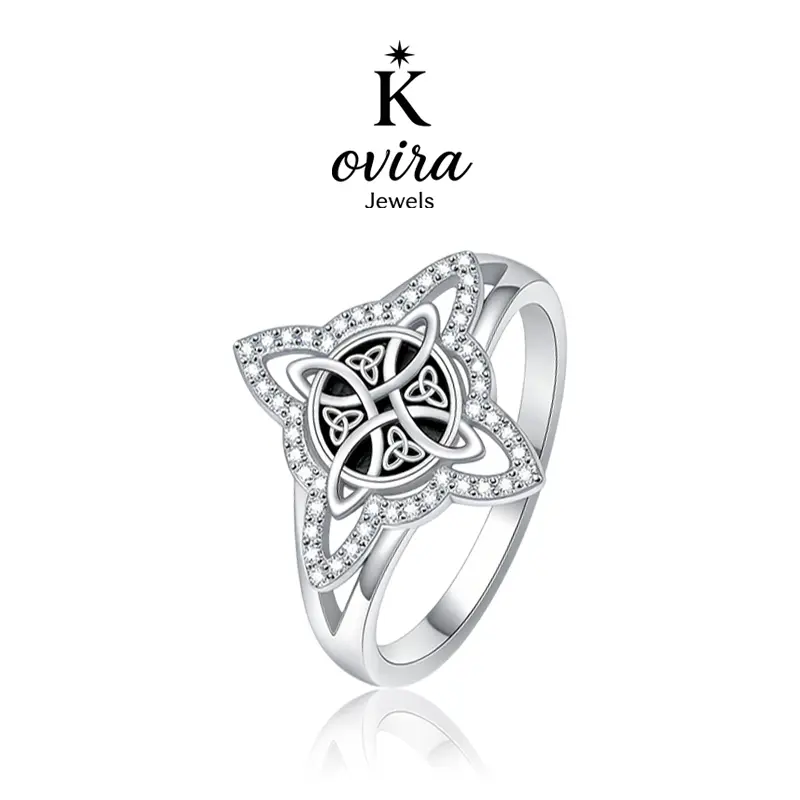 Kovira S925 Sterling Silver Vintage Geometric Design Amulet Ring for Women - 5A Artificial Zircon Celtic Witch Knot Unique Beautiful Ring, Everyday Wear Protection Gift, Artificial Zircon Rings