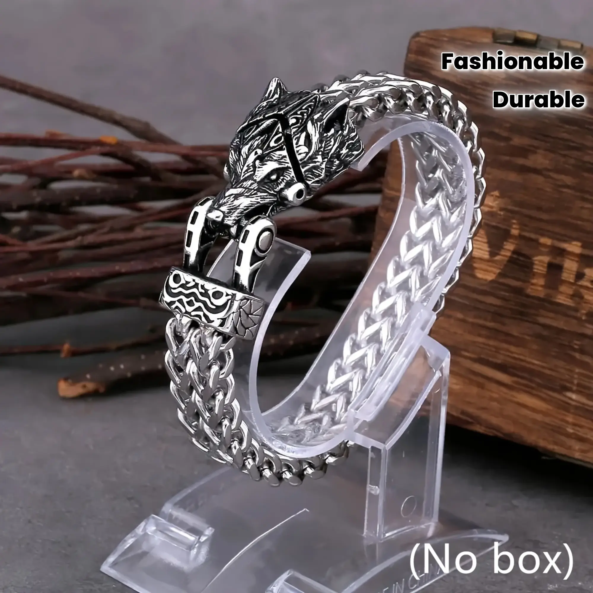 Men's Wolf Head Animal Bracelet | Biker Style Stainless Steel Mesh Band | 1 Size Durable Fashion Jewelry Gift, Daily, Male, Motorcycle Fashion, One Size