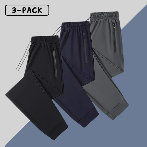 Men’s Summer 3-Pack Jogger Pants – Ice silk breathable fabric, zippered pocket design, street-style joggers suitable for running and everyday wear