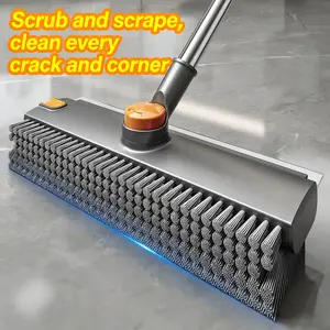 3-in-1 Floor Scrub Brush with Long Handle, 360° Rotating Stiff Bristle Cleaning Brush with Squeegee & Tweezer, Ideal for Patio, Deck, Tile, Concrete, Balcony & Outdoor Use
