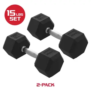FitRx 15lbs Rubber Hex Dumbbell Set – Solid Steel Handles, Durable Rubber Coating, Anti-Roll Weights for Fitness, Pair