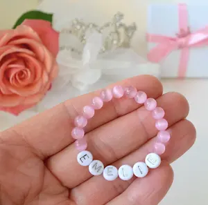 Wonderful Adorable Cat’s Eye Pink Quartz Personalized Bracelet – Custom Name Gemstone Bracelet for Baby and Kids – Baby Shower or Birthday Gift