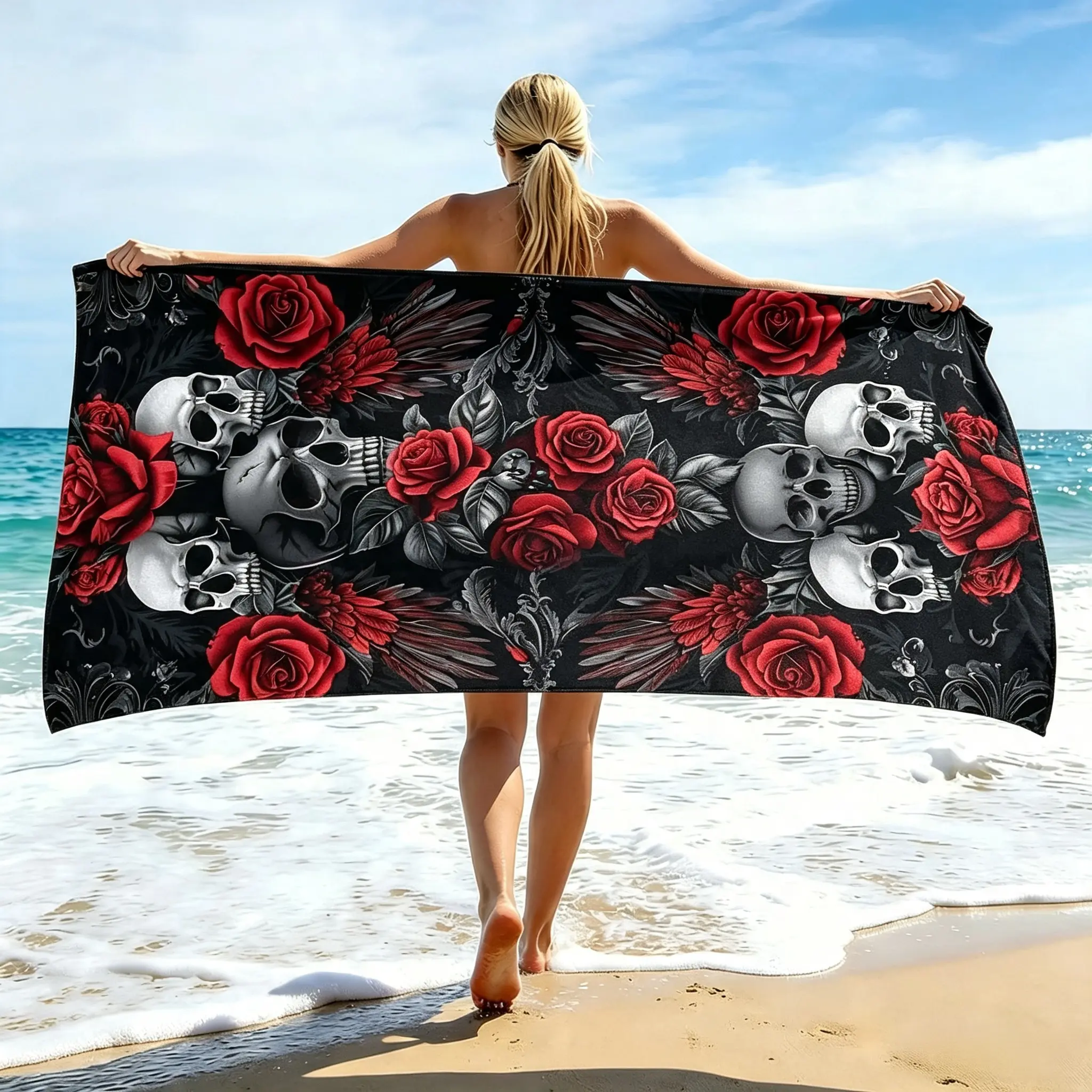 Gothic Skull & Red Rose Print Beach Towel, Dark Floral Oversized Towel for Beach, Pool & Bath, Edgy Aesthetic absorbent custom multifunctional body large essential sand portable poncho blanket swim standard travel