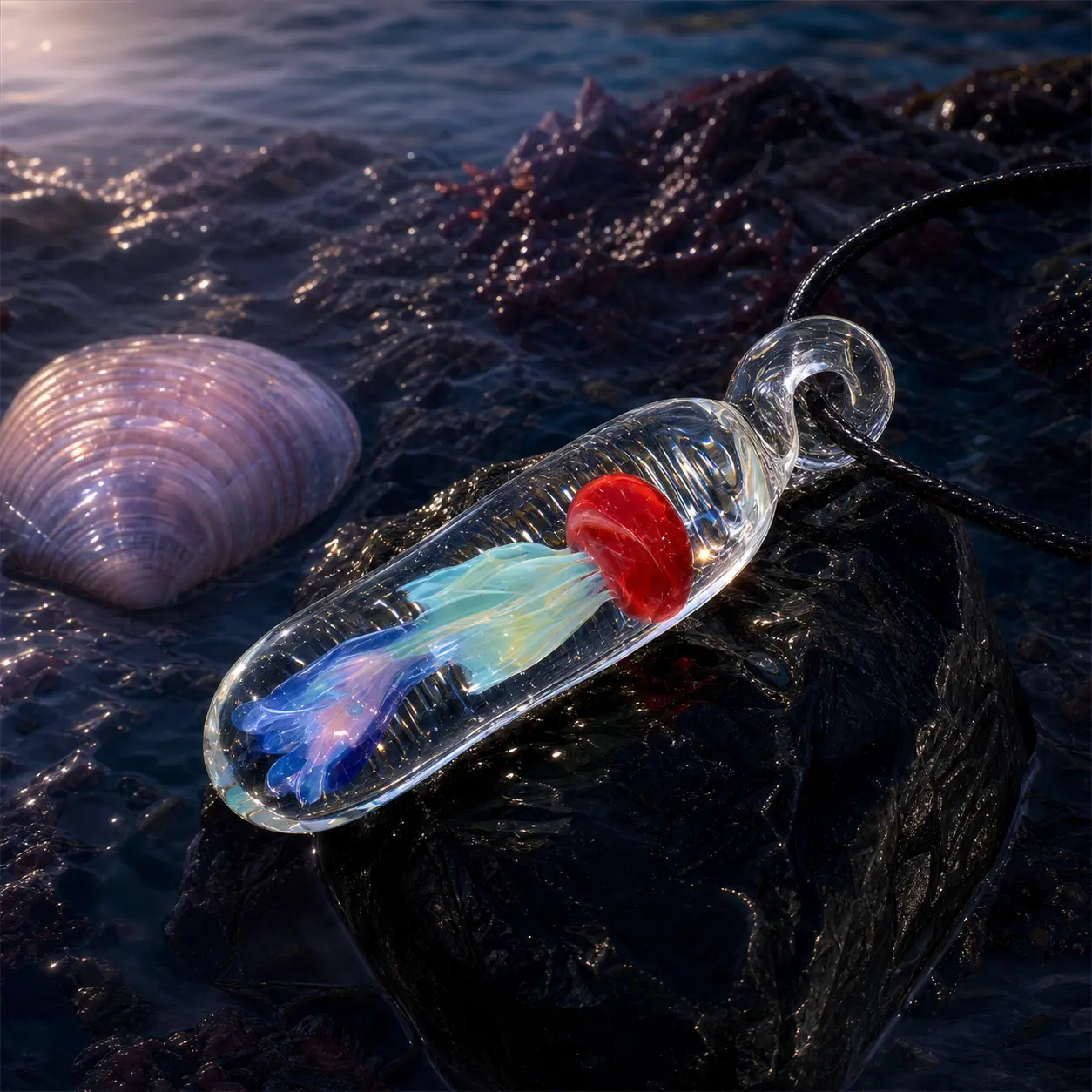 Jellyfish Glass Pendant Necklace, Hand-Blown Ocean-Inspired Artisan Jewelry, Unisex Gift for Sea Lovers, Oceanic