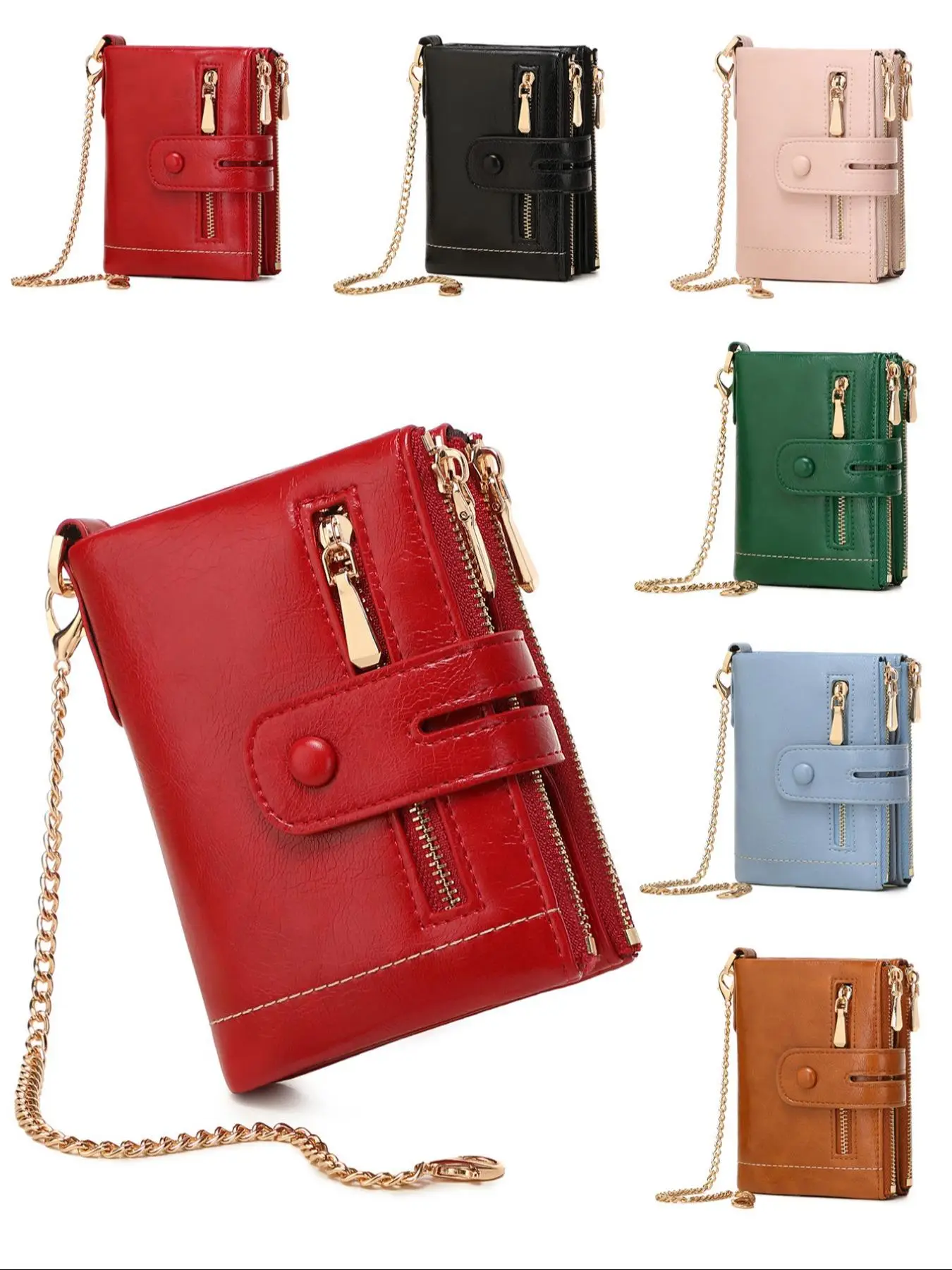 Solid Color Bifold Zipper Wallet with Chain Wristlet, Fashionable Anti-theft Protection Pu Leather Coin Purse, Casual Trendy Versatile High-quality Da