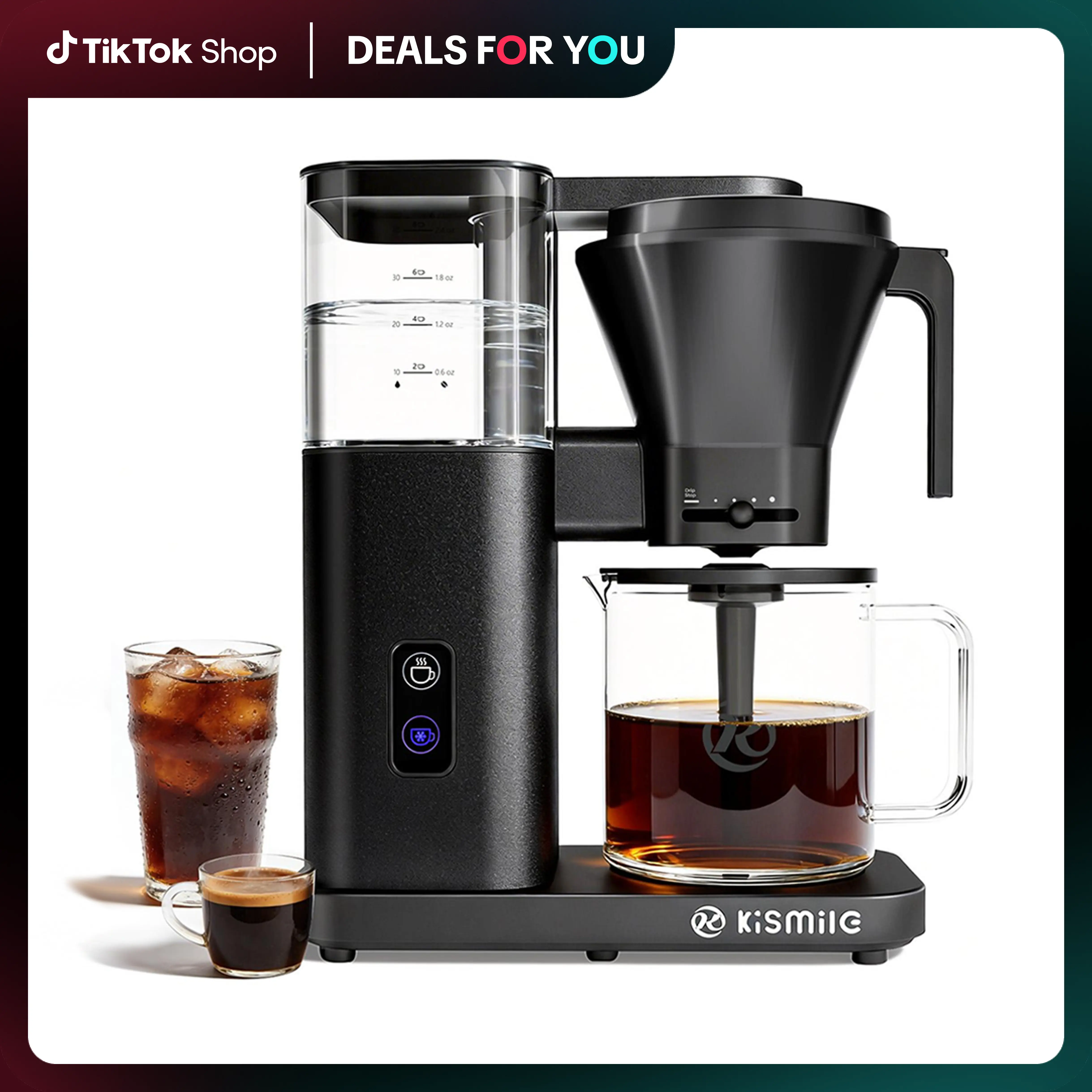 Kismile Pour Over Coffee Maker, 8 Cup Coffee Machine with 3s Instant Heat 197-205℉,Deep Cold Brew & Keep Warm 40 Min,Brew Smooth, Barista-Quality Coffee without Bitterness,BPA-Free PFAS-Free