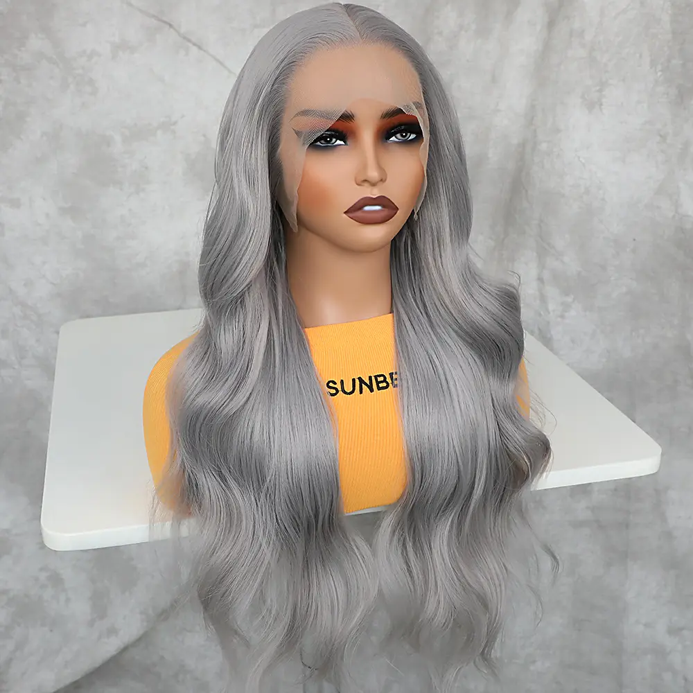 Aodbar hairs Grey Body Wavy Lace Front Wig Pre Plucked Natural Hairline 13*4 Transparent Lace Wig Glueless Hair Silver Grey Color Wavy Wig for Halloween, Cosplay and Daily Use 28 Inch, Lace Frontal