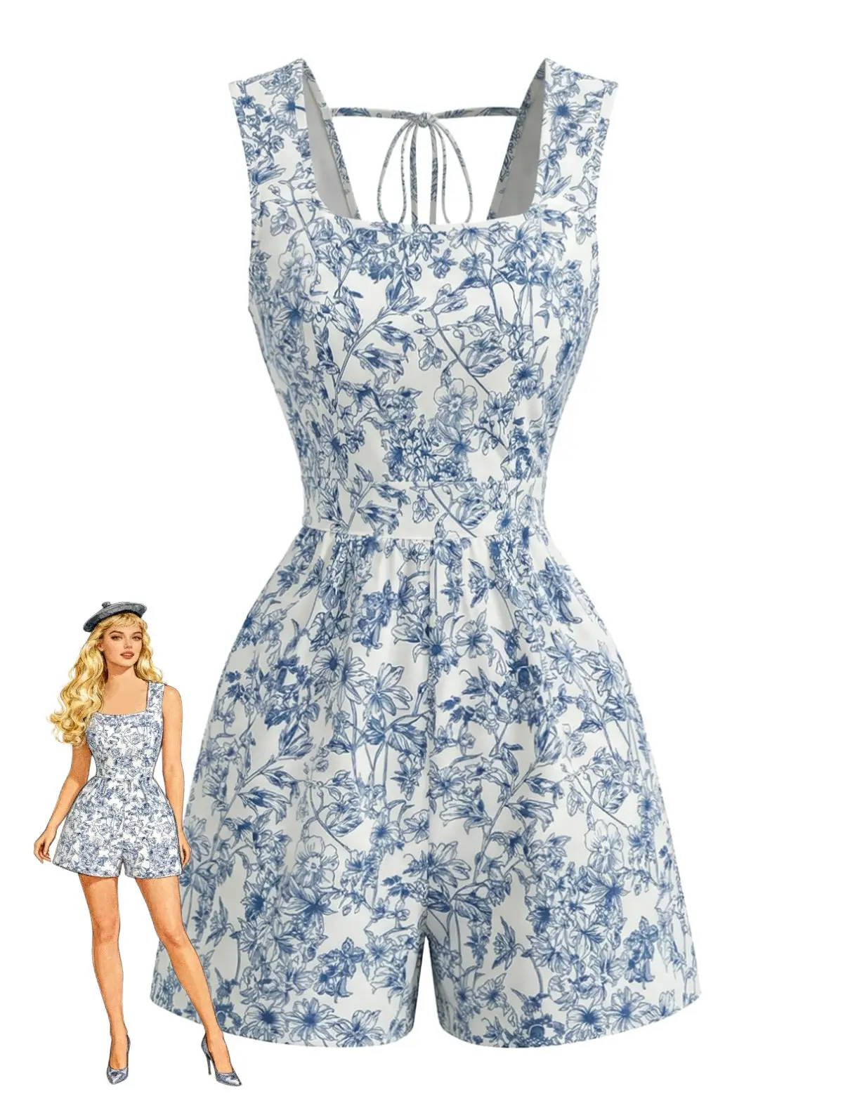 Blue 1950s Floral Square Neck Sleeveless Romper Womenswear Overalls Bohemian BackToSchool