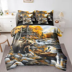 Mallards 7 Piece Bedding Set,Bear Comforter Set with Sheets Wild Ducks Boat River Cabin Bed in a Bag Maple Leaves Natural Scenery Theme for Teens Men Women
