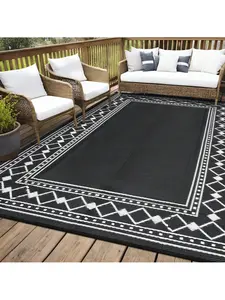 Outdoor Area Rug Black & White 9x12 Feet Waterproof Plastic Straw Geometric Reversible Lightweight Portable Mat for Patio RV Trip Balcony Beach Picnic