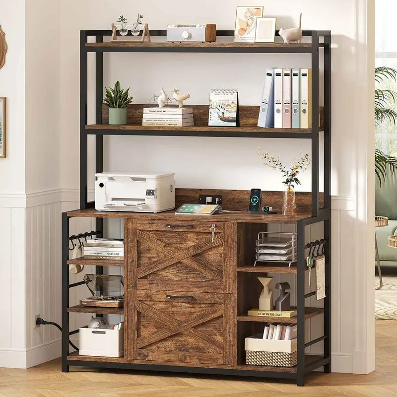 Sikaic Vertical File Cabinet with Lock and Charging Station & Printer Stand Open Storage Shelf for Home Office Furniture Modern Organization Design Desk Organizer