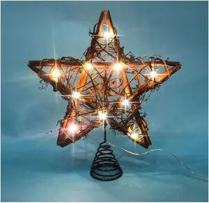 Christmas Tree Topper Farmhouse Christmas Decor Christmas Tree Decorations Rattan Natural Christmas Tree Star with 10 Warm LED Lights for Rustic Christmas Ornaments Holiday Seasonal Decoration 10 Inch