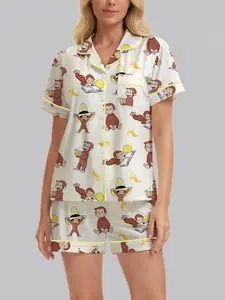 2-Piece Curious George Monkey Print Women's Pajama Set Pjs, Soft Button-Up Short Sleeve Top with Loose Stretch Shorts, Cute Casual Sleepwear Loungewear for All Seasons