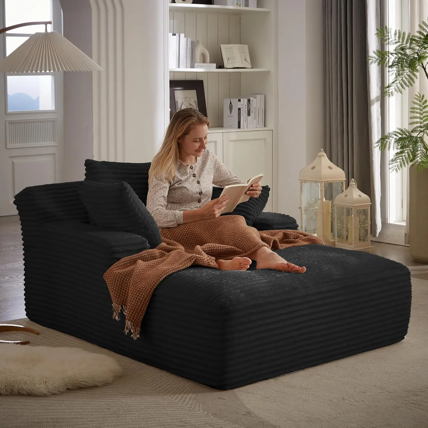 67-Inch Large Ribbed Corduroy Indoor Chaise Lounge Chair - Boneless Couches, Deep-Seat Sleeper Sofa Bed, No-Assembly Reading Furniture for Living Room