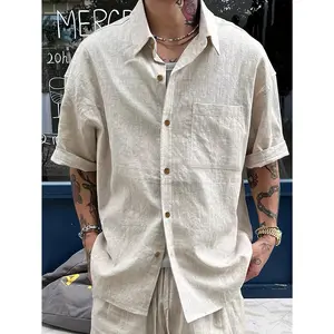 [Summer Linen Blend Lapel Shirt] Men's Solid Color Linen Blend Short Sleeve Lapel Shirt For Summer, Casual Chest Pocket Shirts As Gift