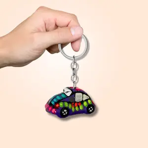 Volkswagen VW Van & Beetle Mexican Hand painted Clay Keychain - Mexico