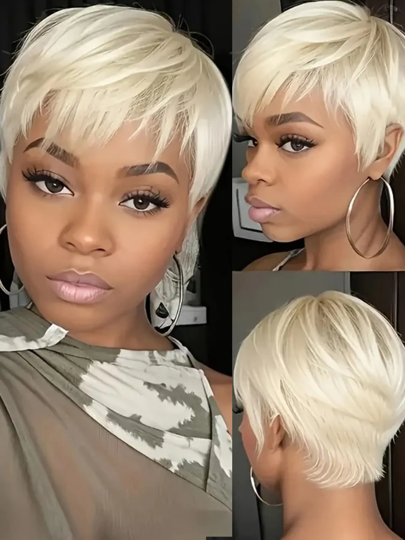 613 Blonde Color Straight Human Hair Silky Wig for Women Pixie Cut Wig Halloween Wig Full Machine Made Wig 150% Density 6 Inch